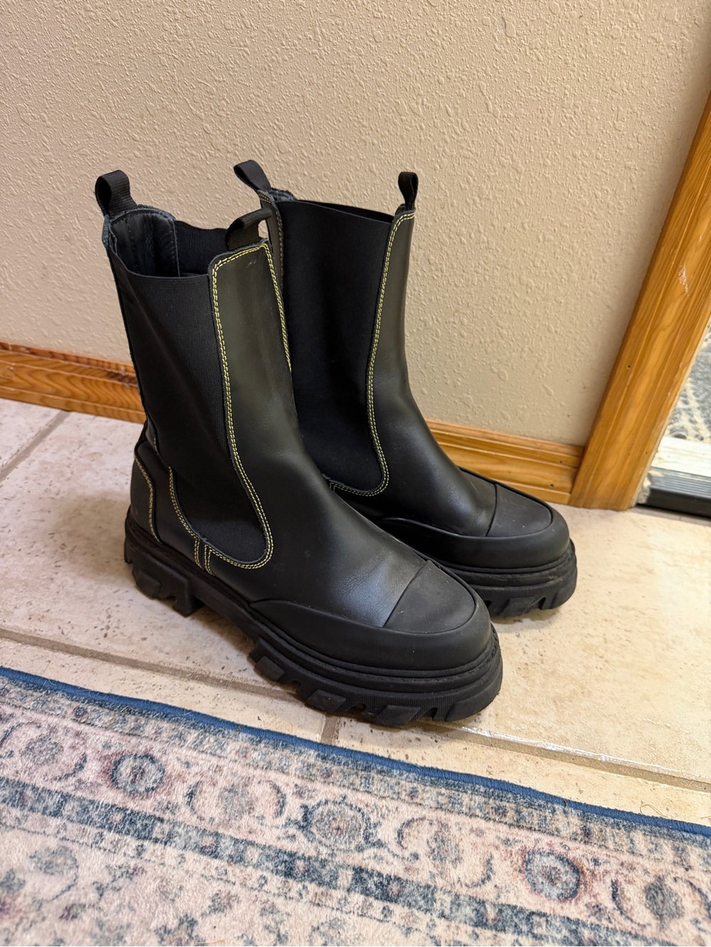 GANNI Chunky Black Chelsea Boots with Contrast Stitching